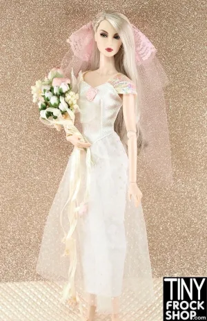 12" Fashion Doll Iridescent Sleeve And Rose Wedding Dress With Pink Veil