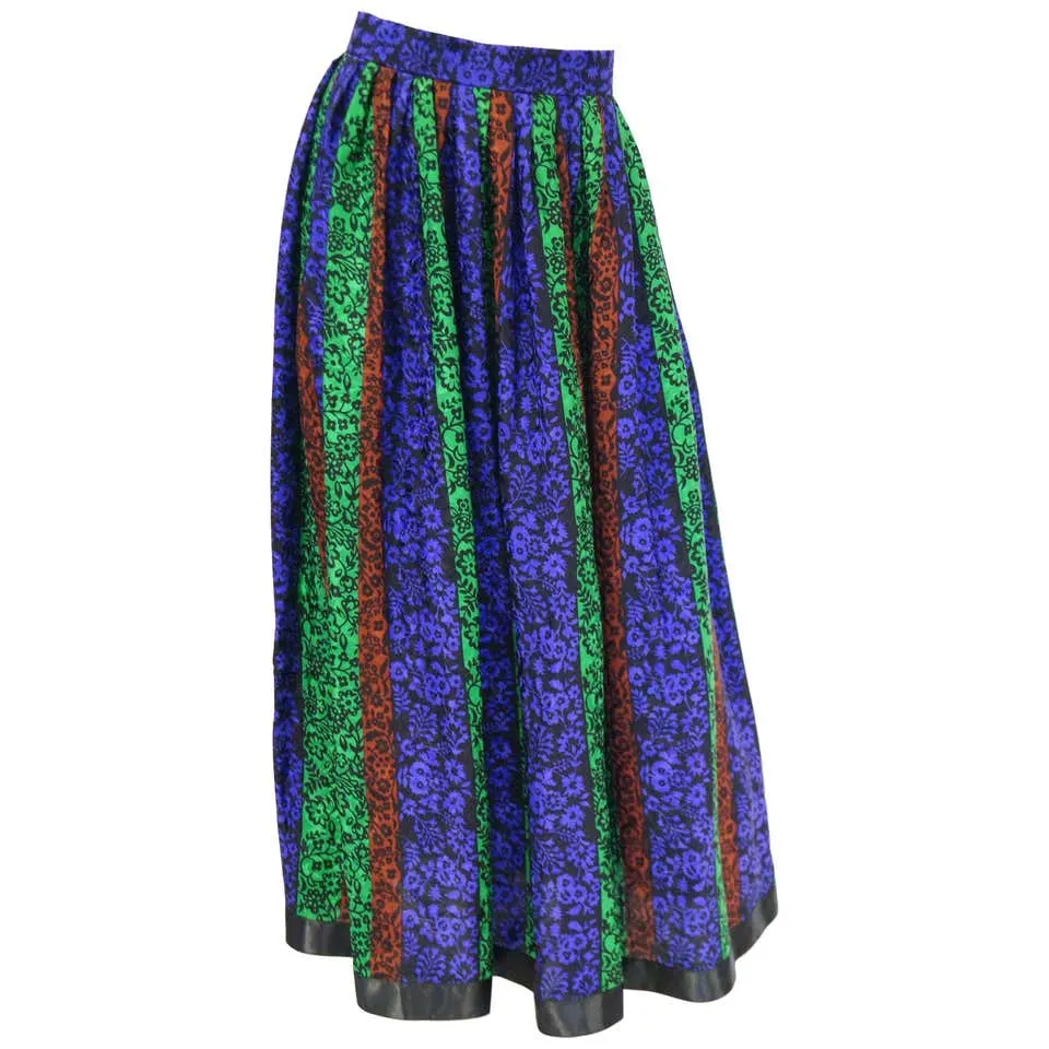 1970s Oscar de la Renta Silk Maxi Skirt in Blue, Green, Red Floral