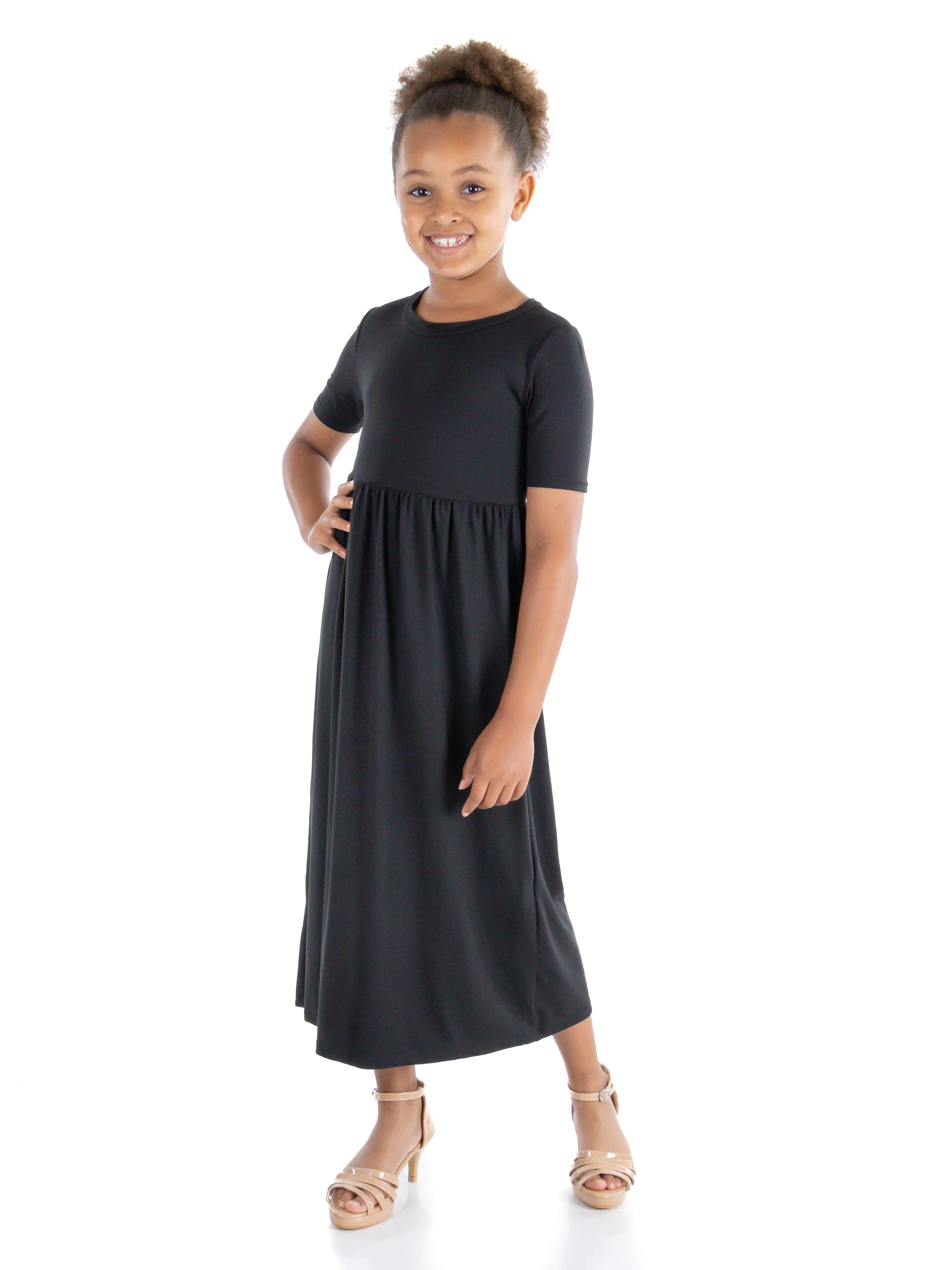 24seven Comfort Apparel Girls Short Sleeve Pleated Midi Dress