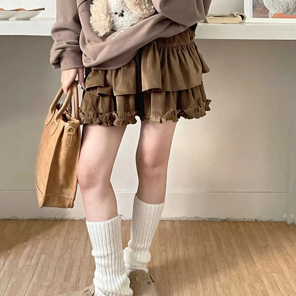 Aiertu 90s Winter Ruffle Brown Kawaii Lolita Pleated Skirt Women Fairy Y2k Mini Skirt Female Korean Fashion Cute Mini Cake Casual Skirt