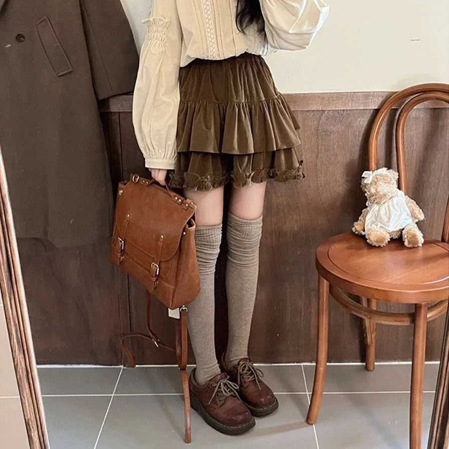 Aiertu 90s Winter Ruffle Brown Kawaii Lolita Pleated Skirt Women Fairy Y2k Mini Skirt Female Korean Fashion Cute Mini Cake Casual Skirt