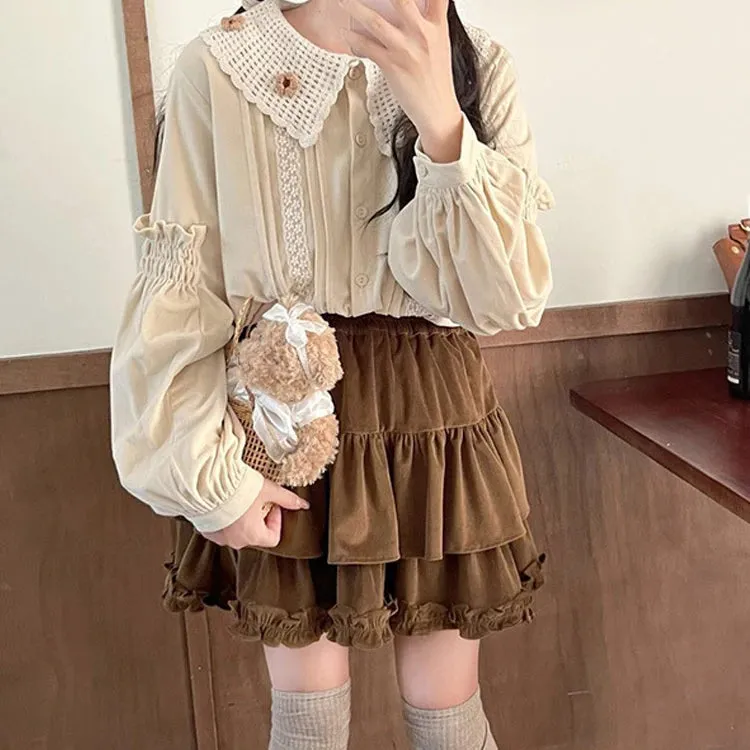 Aiertu 90s Winter Ruffle Brown Kawaii Lolita Pleated Skirt Women Fairy Y2k Mini Skirt Female Korean Fashion Cute Mini Cake Casual Skirt