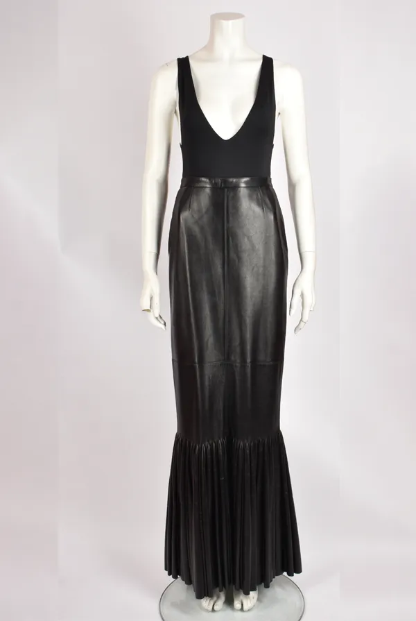 ALAIA LEATHER MAXI SKIRT WITH PLEATING