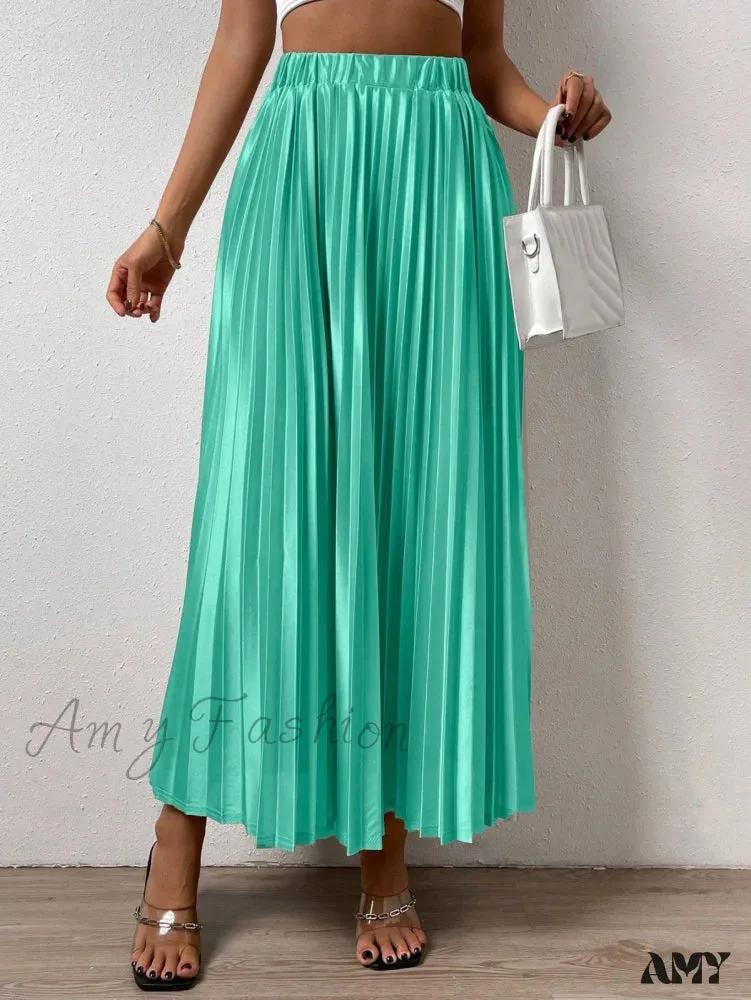 Amy Fashion - Solid Elastic Waist Pleated Skirt