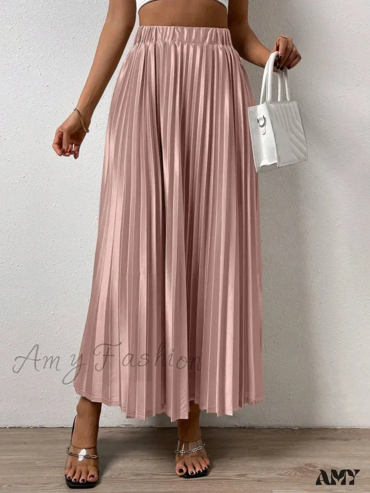 Amy Fashion - Solid Elastic Waist Pleated Skirt