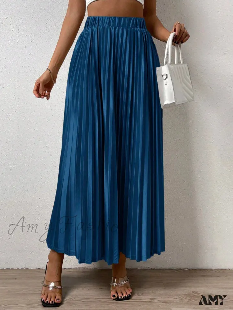 Amy Fashion - Solid Elastic Waist Pleated Skirt