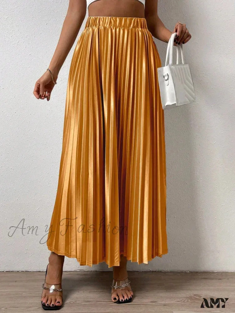 Amy Fashion - Solid Elastic Waist Pleated Skirt