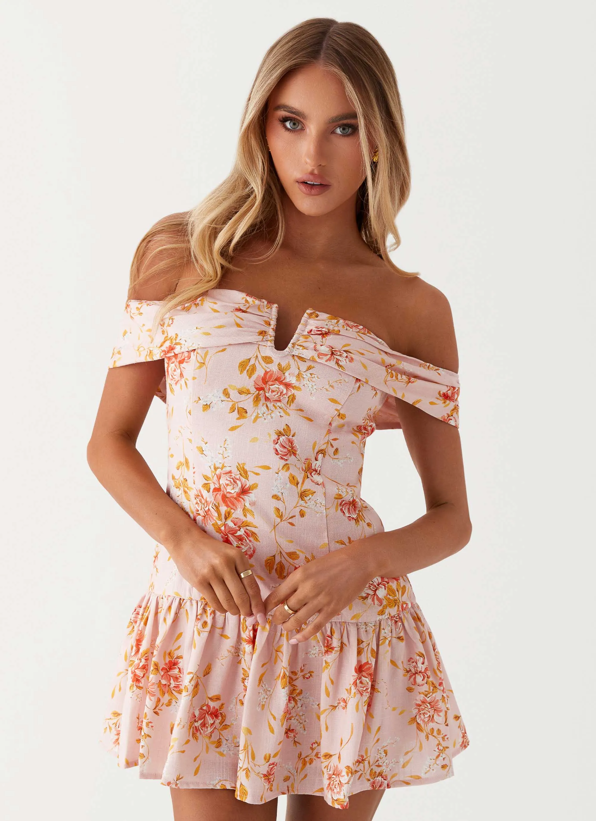 Aries Off Shoulder Linen Mini Dress - Pink Floral