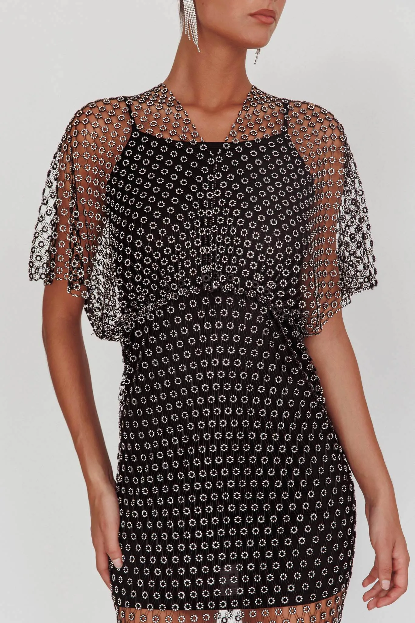 Astra Diamante Fishnet Midi Dress Black