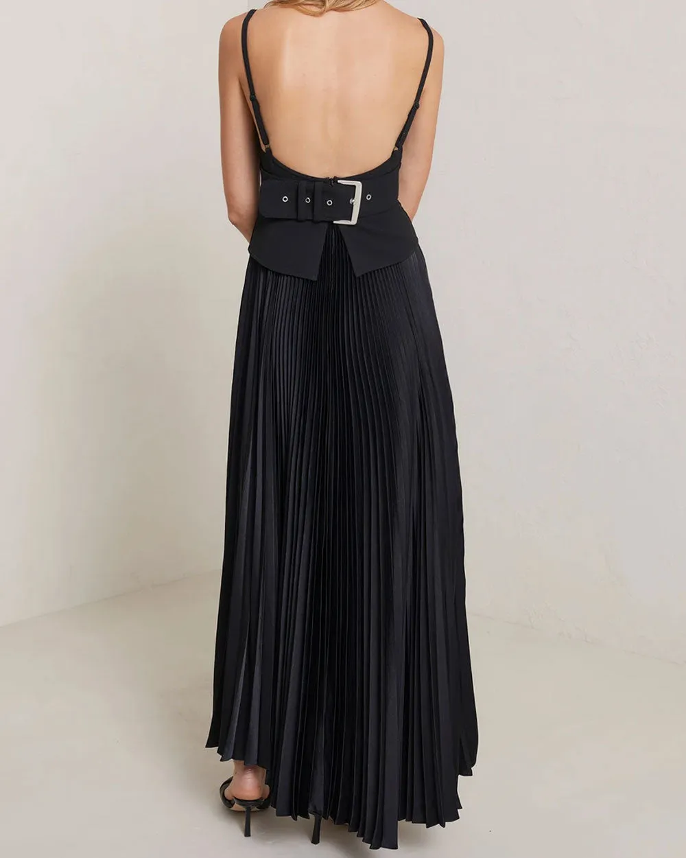 Black Buckle Gwen Pleated Midi Dress