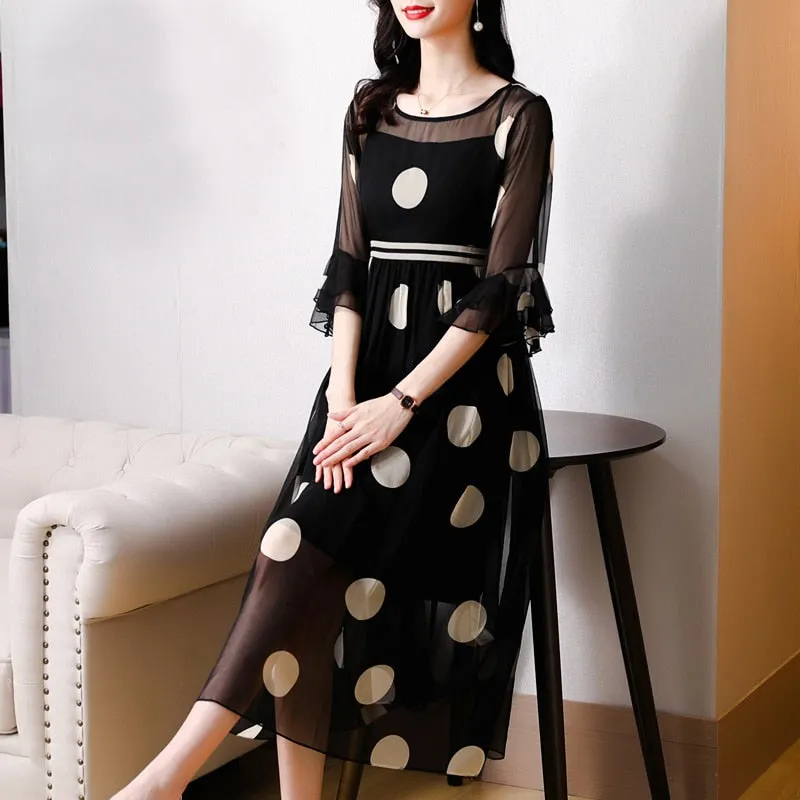 Black Dot Print Chiffon Beach Midi Dress Summer Vintage Natural Silk Dress Women Elegant Party Evening Vestidos - WD8103