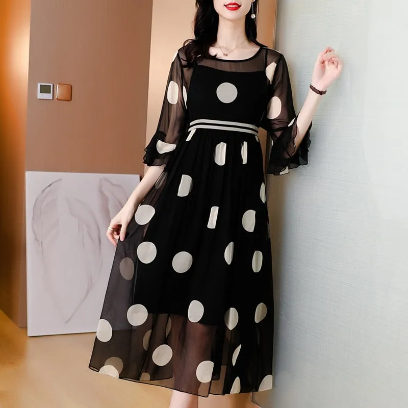 Black Dot Print Chiffon Beach Midi Dress Summer Vintage Natural Silk Dress Women Elegant Party Evening Vestidos - WD8103