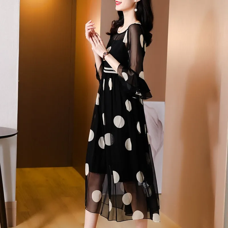 Black Dot Print Chiffon Beach Midi Dress Summer Vintage Natural Silk Dress Women Elegant Party Evening Vestidos - WD8103