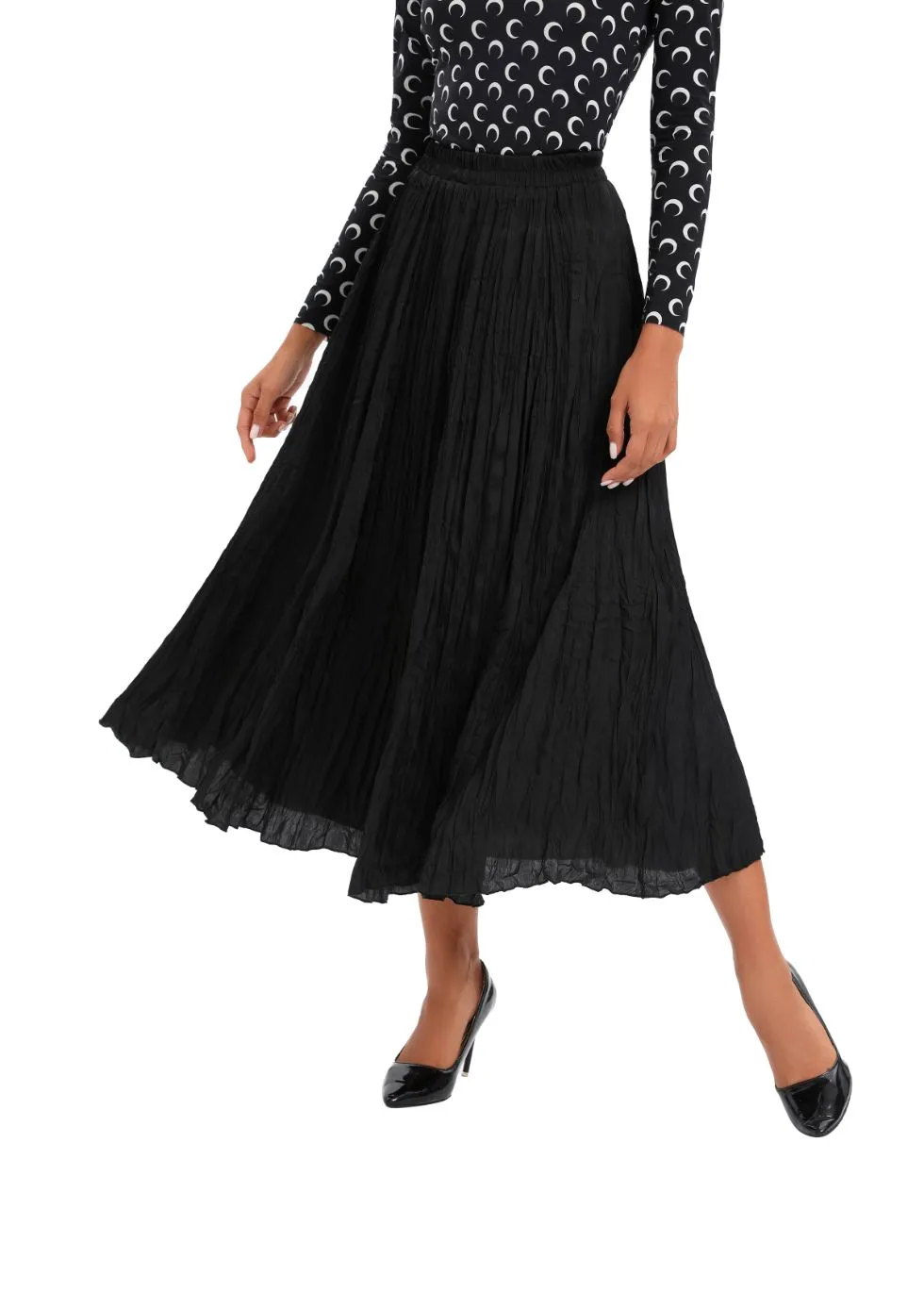 Black Lightweight Wrinkle Midi Skirt