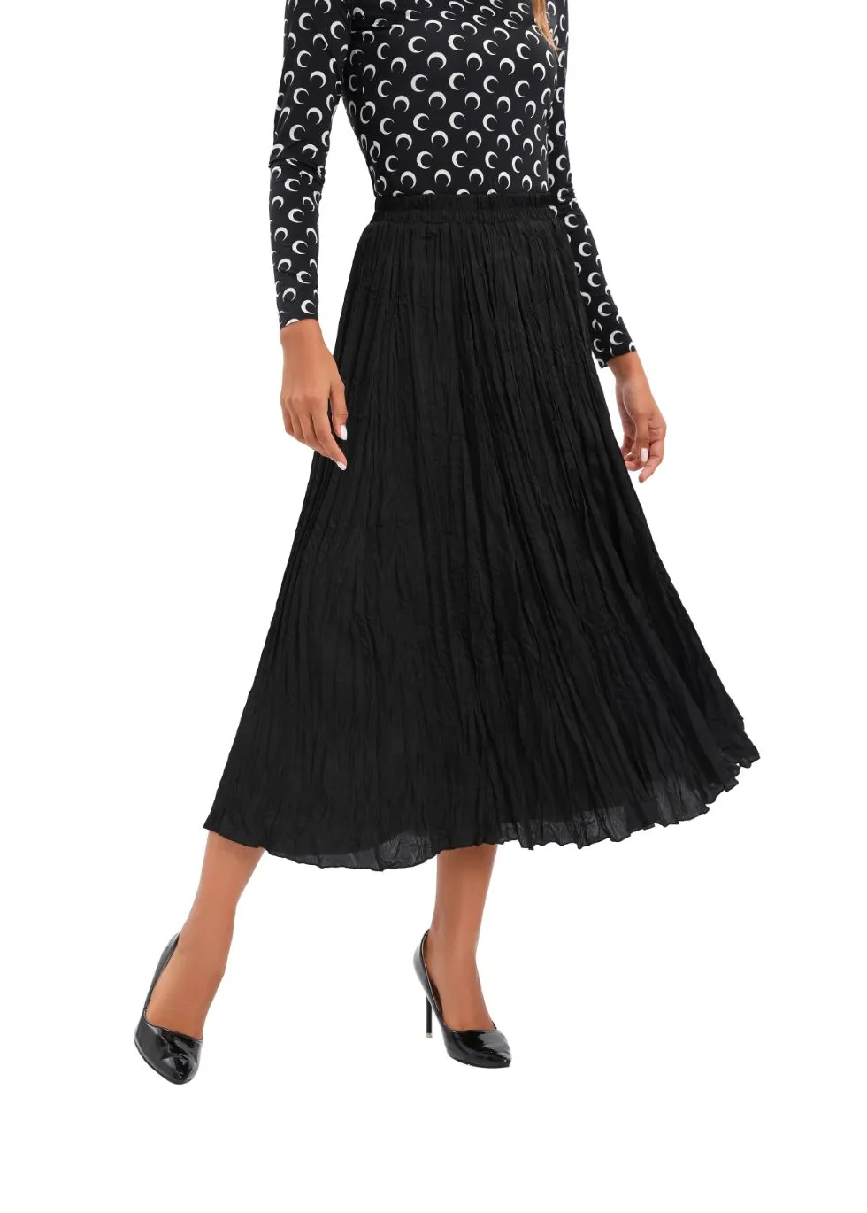 Black Lightweight Wrinkle Midi Skirt