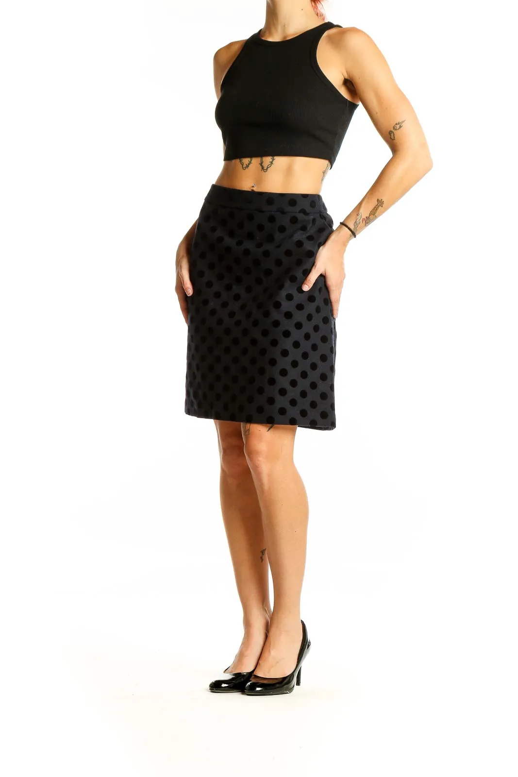 Black Polka Dot A-Line Knee-Length Skirt