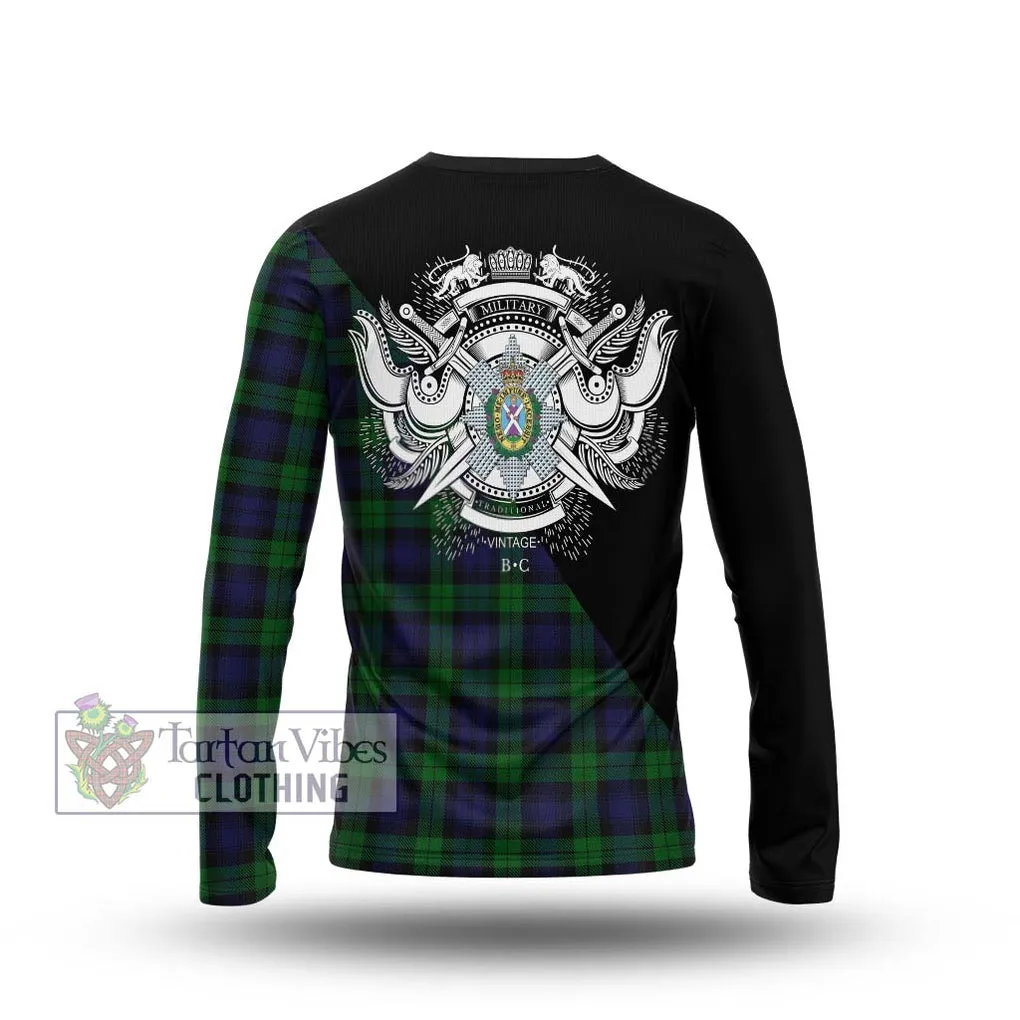 Black Watch Tartan Long Sleeve T-Shirt with Family Crest and Military Logo Style