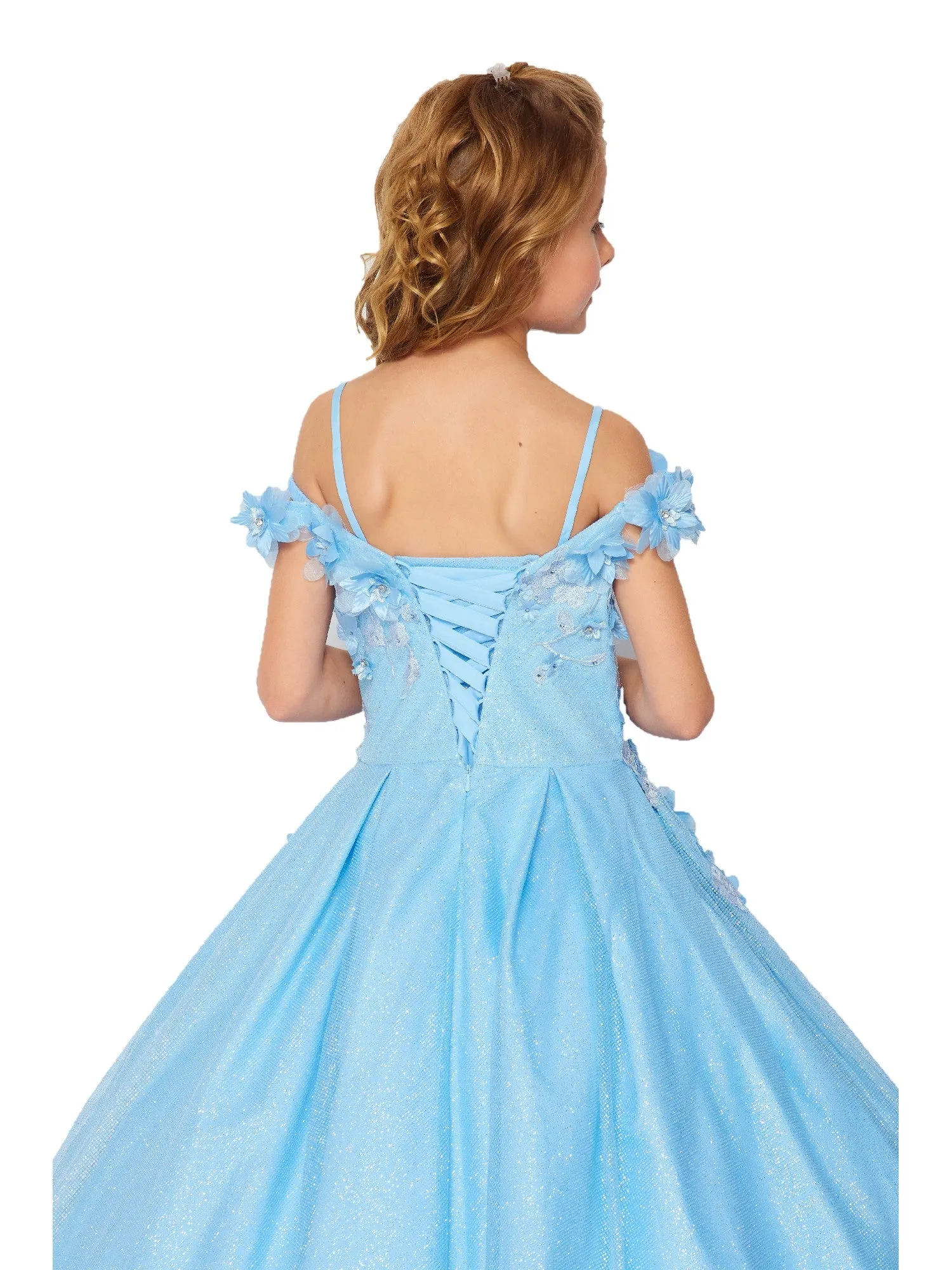 Bliss Little Girls Blue 3D Floral Applique Off Shoulder Ball Gown 2-6