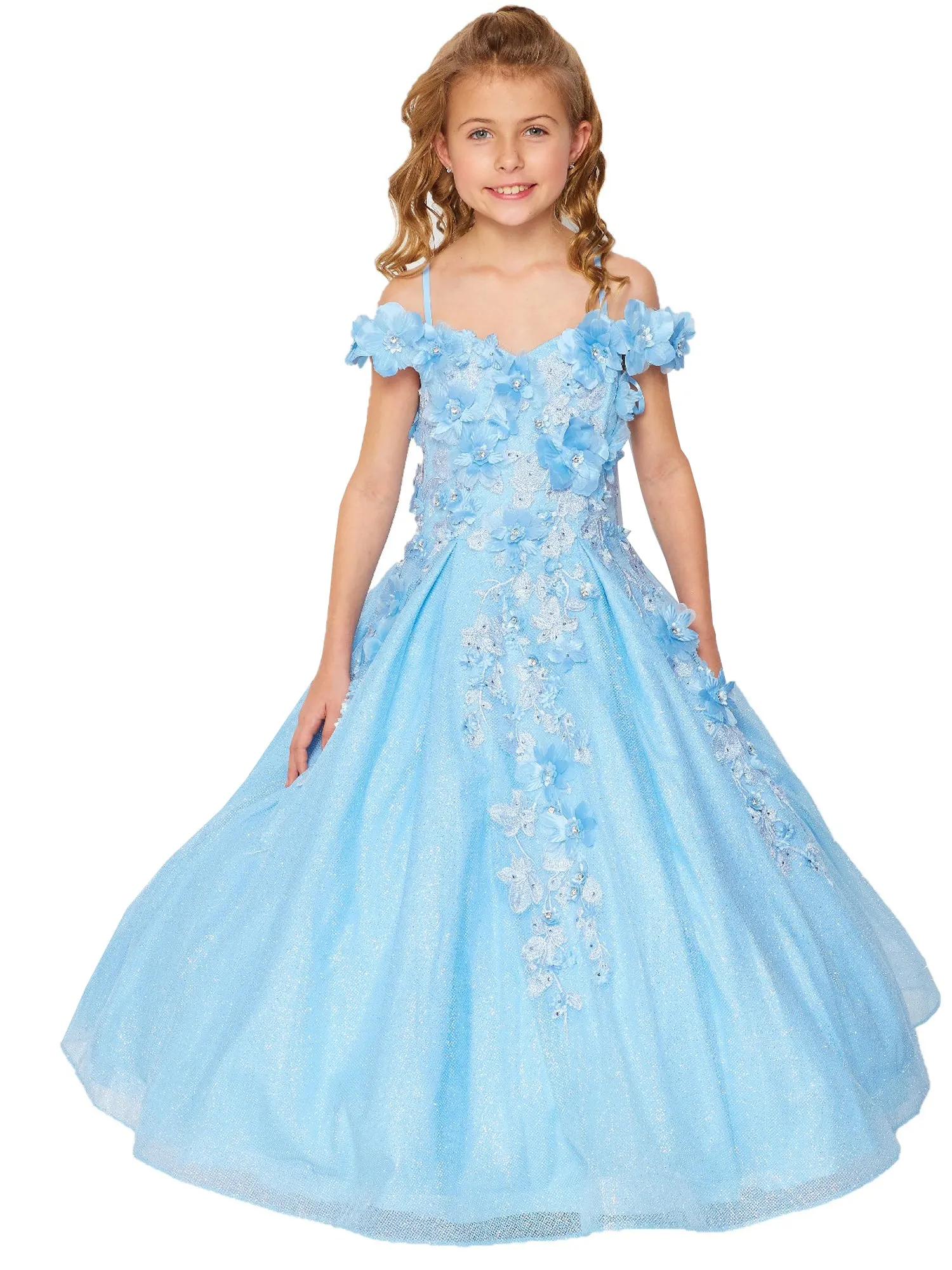 Bliss Little Girls Blue 3D Floral Applique Off Shoulder Ball Gown 2-6