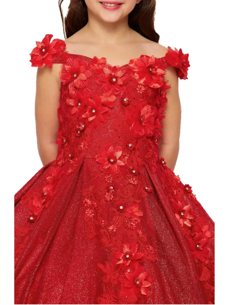 Bliss Little Girls Red 3D Floral Applique Off Shoulder Ball Gown 2-6