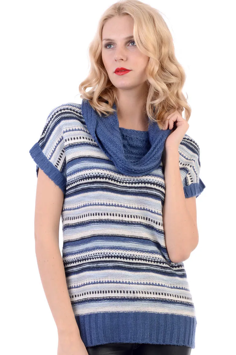 Blue Detailed Cowl Neck Jumper