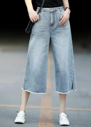 Boutique Streetwear Blue High Waist Pockets Cotton Denim Wide Leg Pants