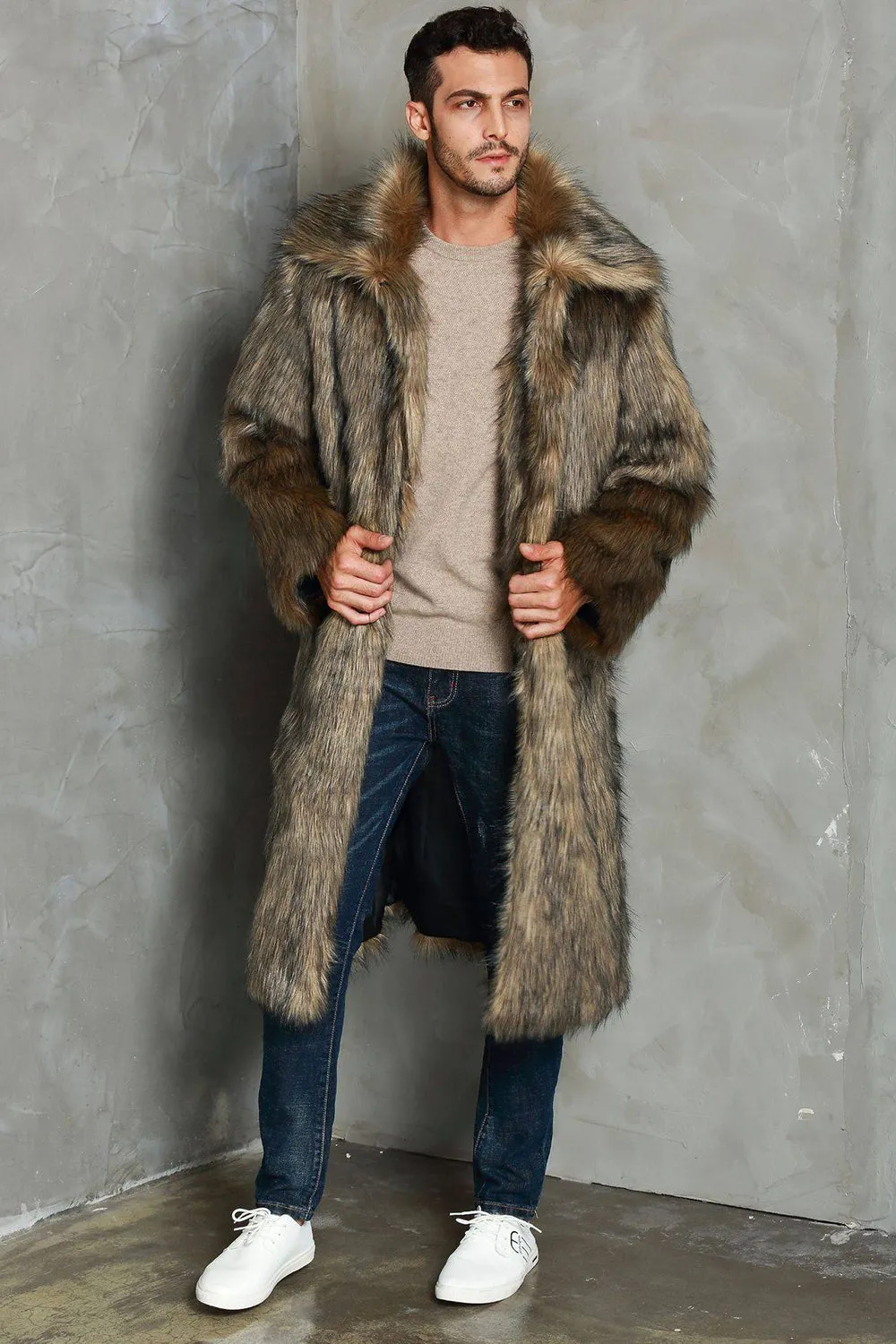 Brown Lapel Neck Long Faux Fur Men Coat