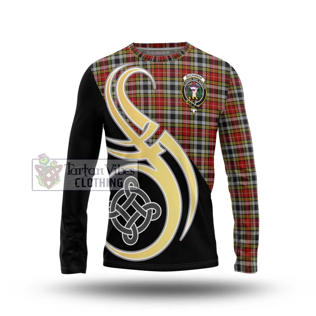 Buchanan Old Dress Tartan Long Sleeve T-Shirt with Family Crest and Celtic Symbol Style