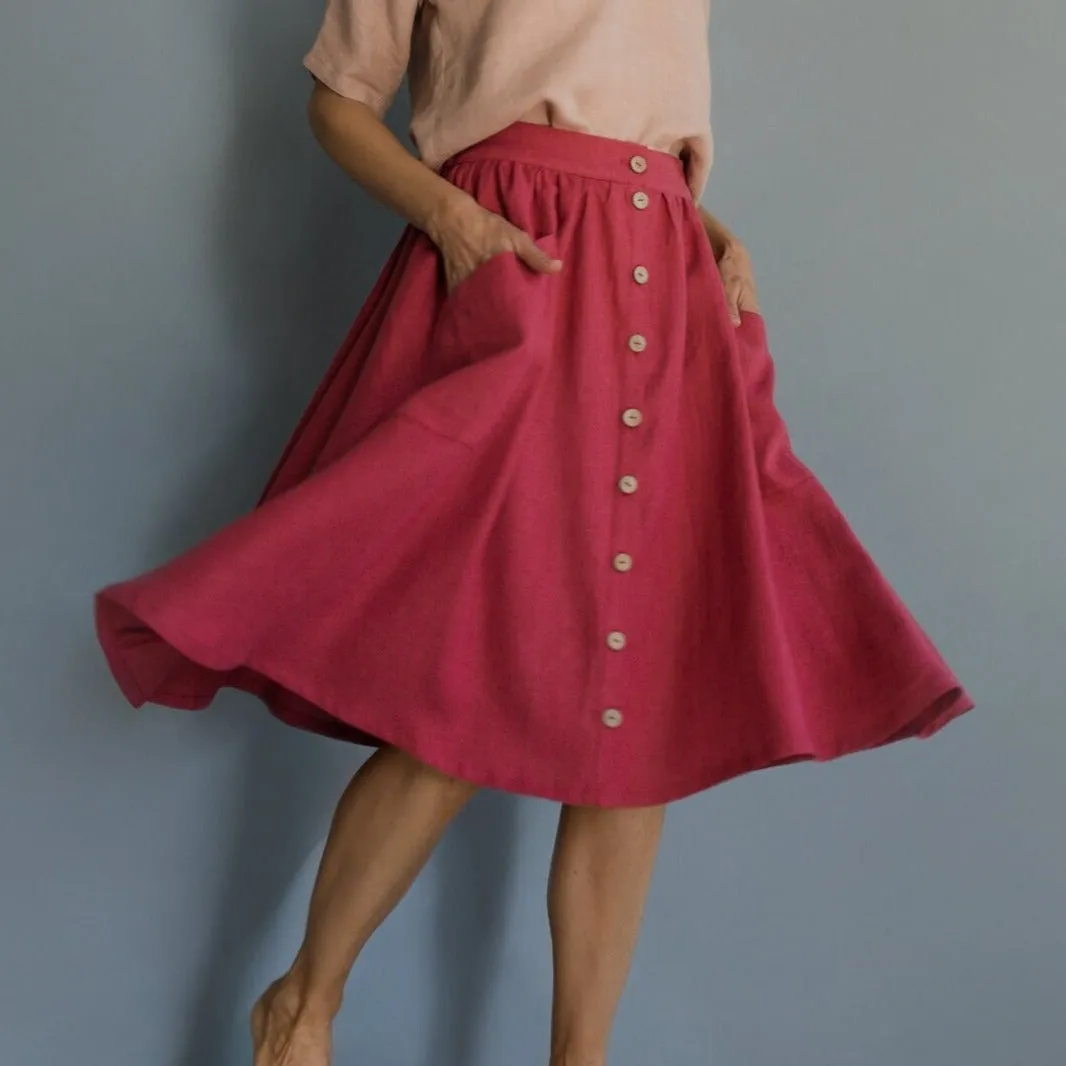 Buttoned Front Linen Skirt CAPRI In Raspberry