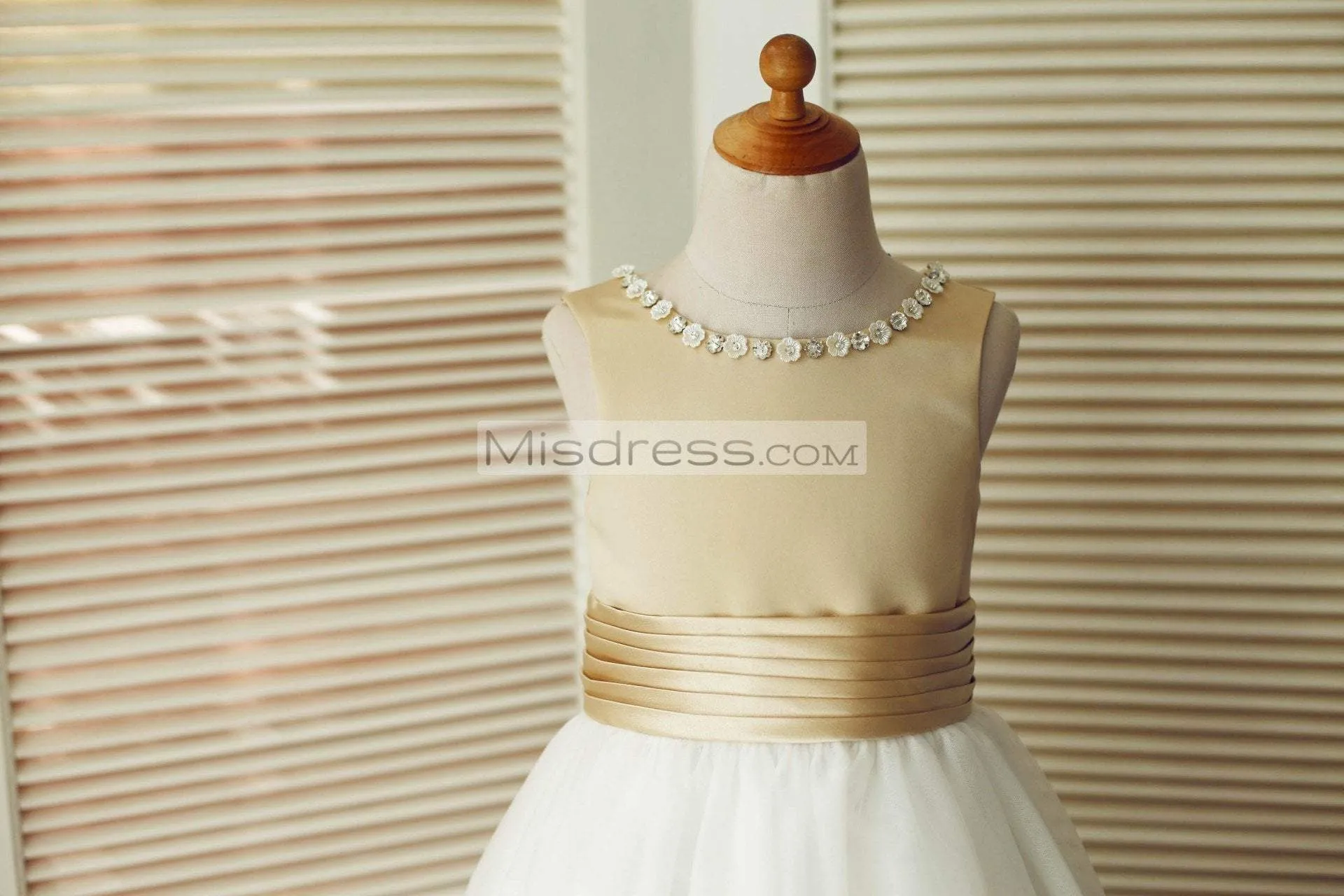 Champagne Satin Ivory Tulle Beaded Neckline Wedding Flower Girl Dress