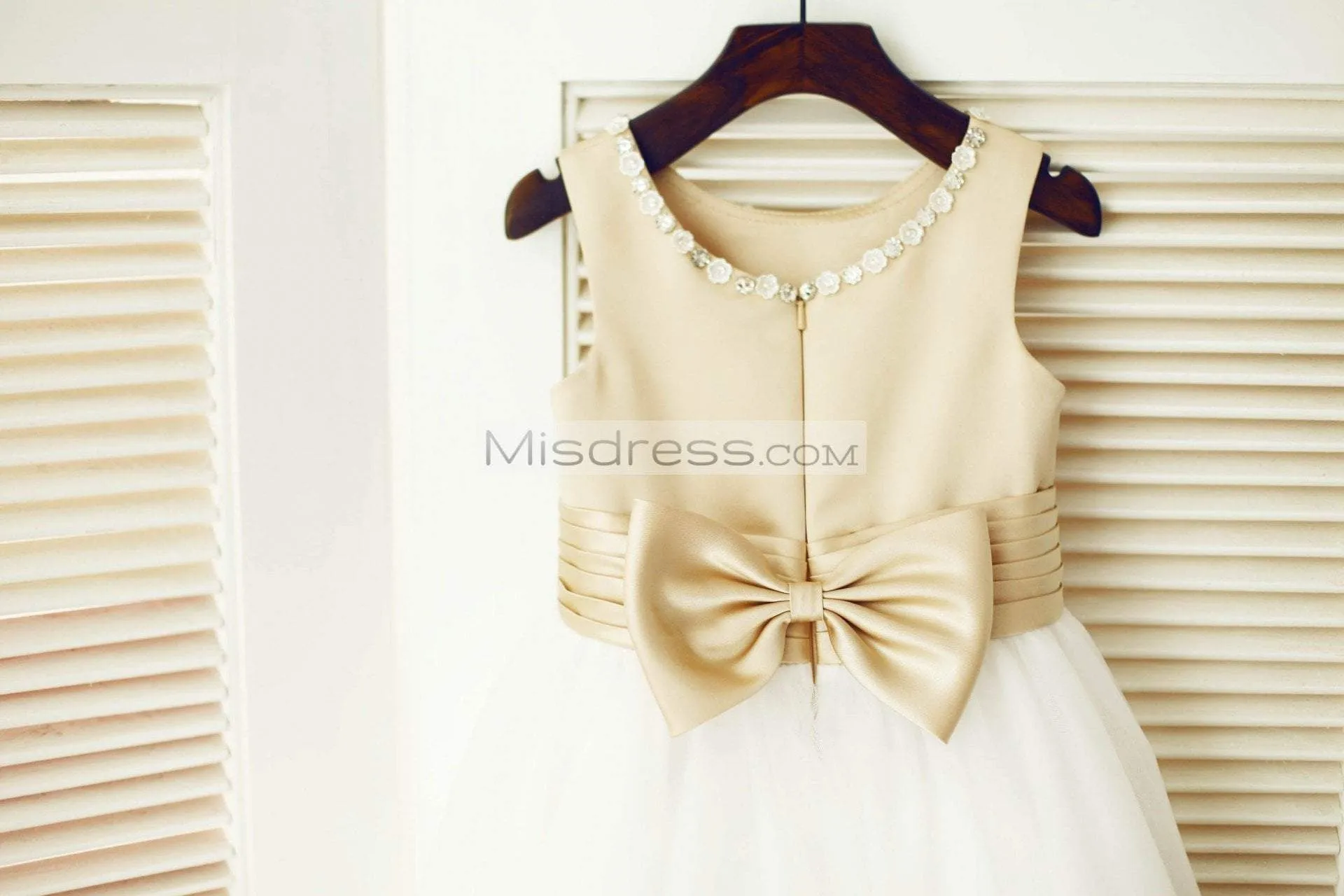 Champagne Satin Ivory Tulle Beaded Neckline Wedding Flower Girl Dress