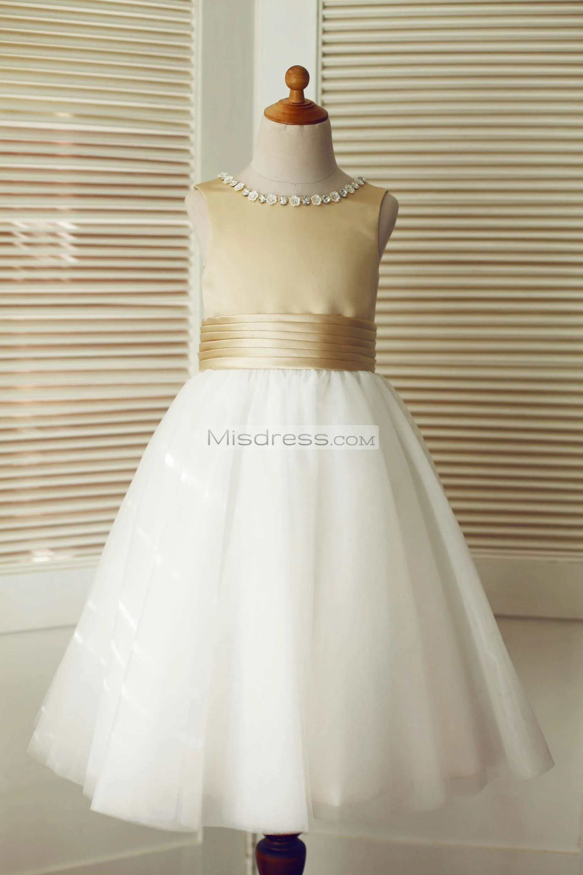 Champagne Satin Ivory Tulle Beaded Neckline Wedding Flower Girl Dress