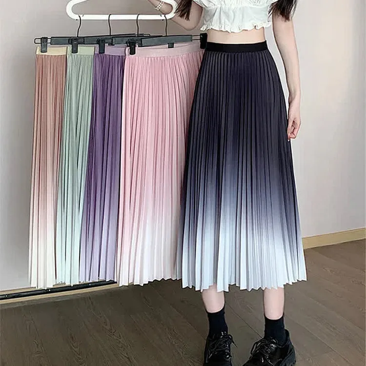 Chic Gradient Color High Waist Pleated Skirt