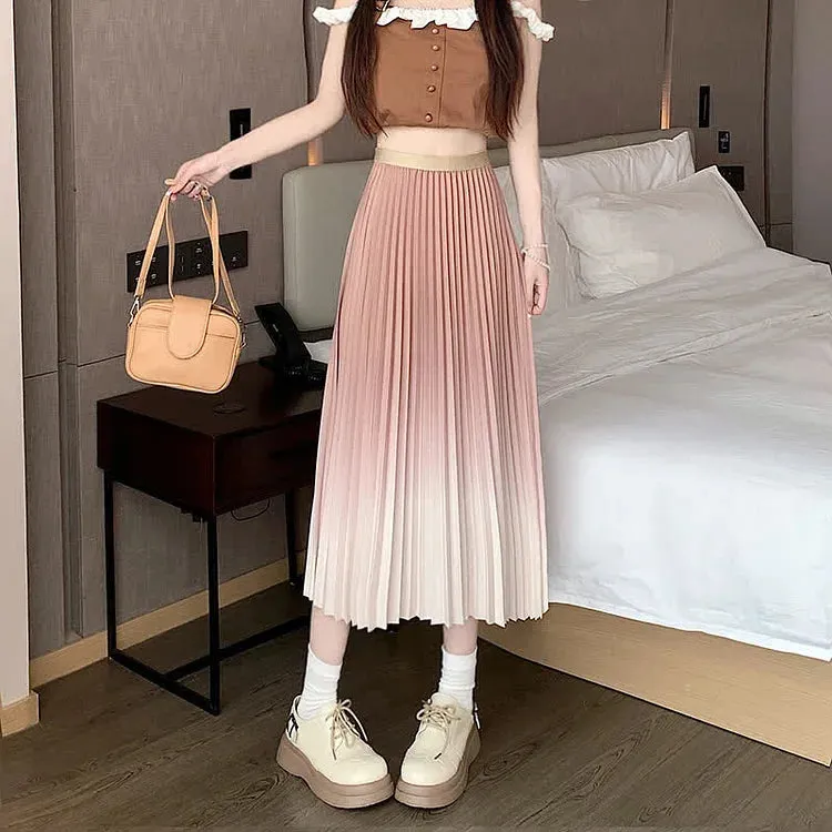 Chic Gradient Color High Waist Pleated Skirt