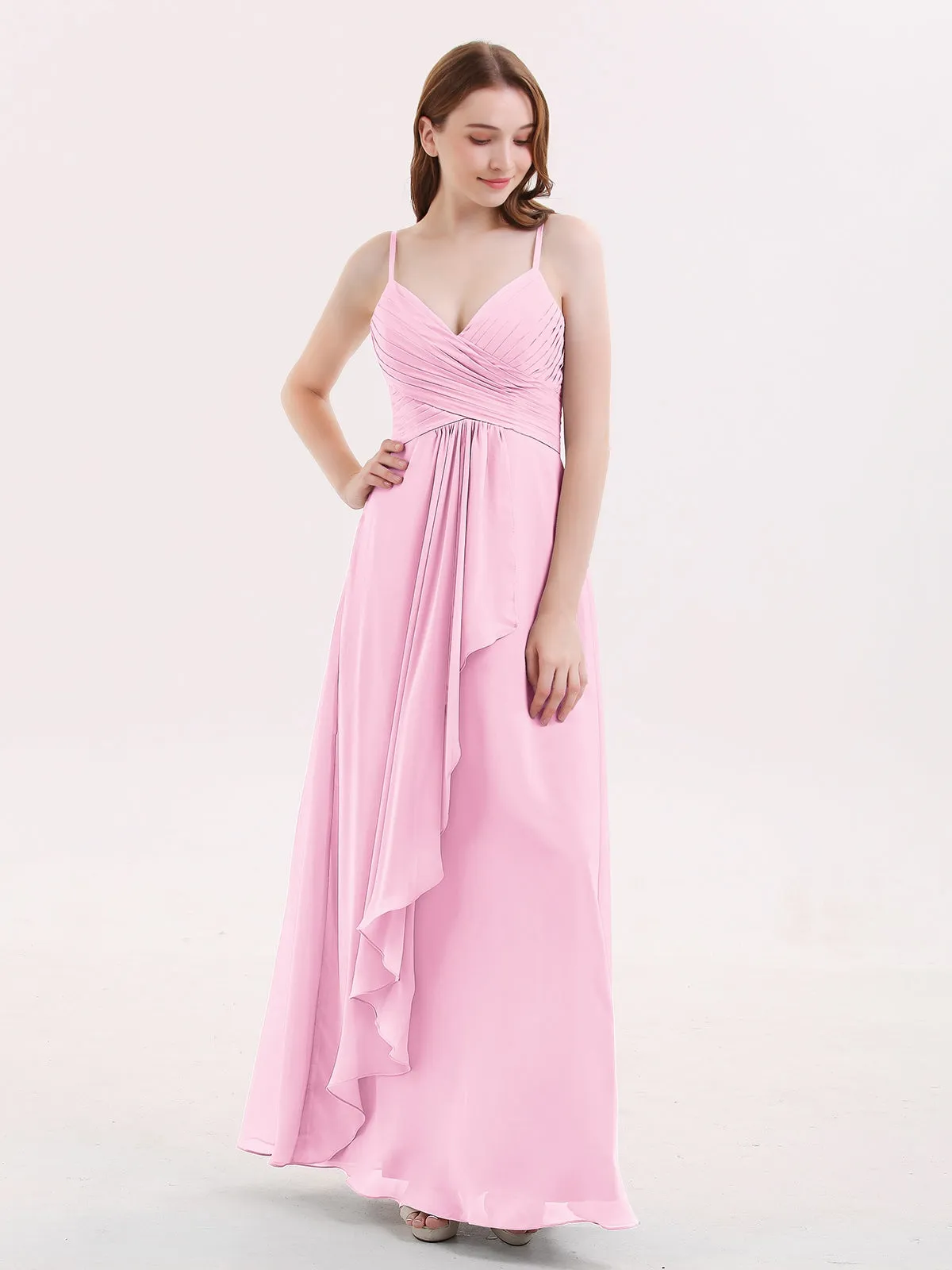 Chiffon Bridesmaid Dresses with Cascade Skirt-Candy Pink Plus Size