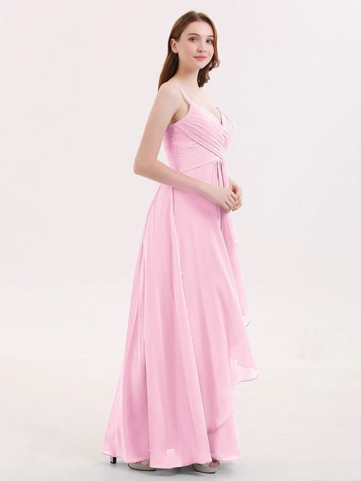 Chiffon Bridesmaid Dresses with Cascade Skirt-Candy Pink Plus Size