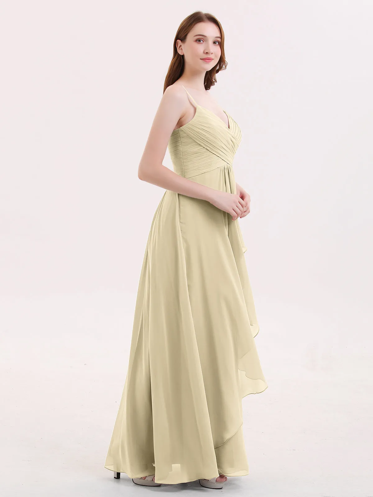 Chiffon Bridesmaid Dresses with Cascade Skirt-Champagne