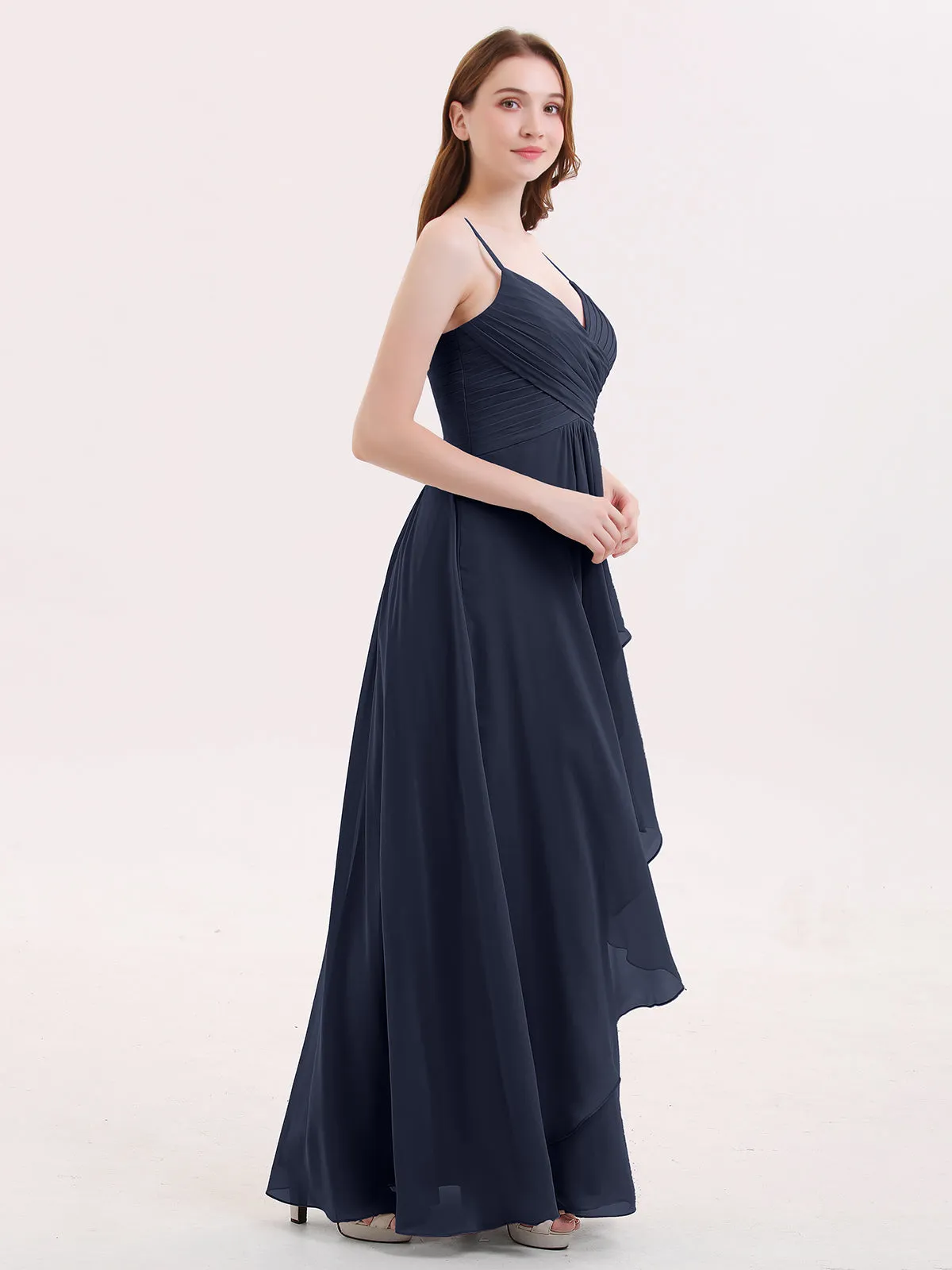 Chiffon Bridesmaid Dresses with Cascade Skirt-Dark Navy