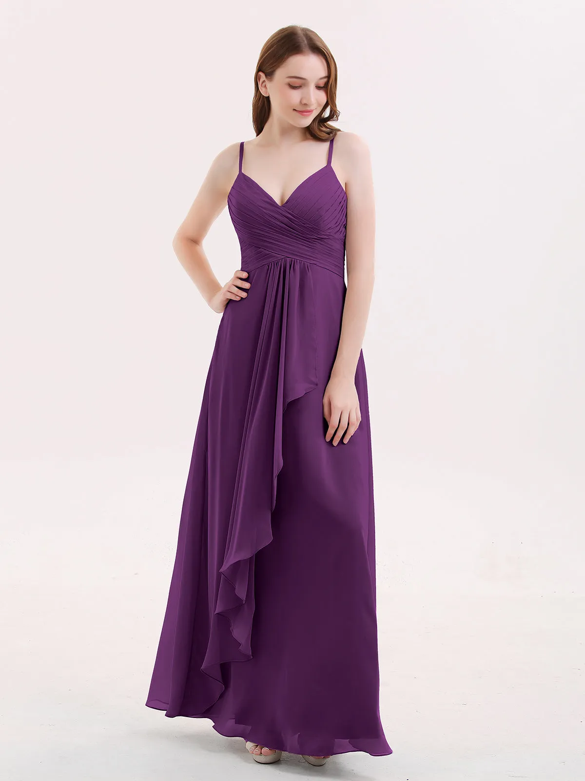 Chiffon Bridesmaid Dresses with Cascade Skirt-Grape