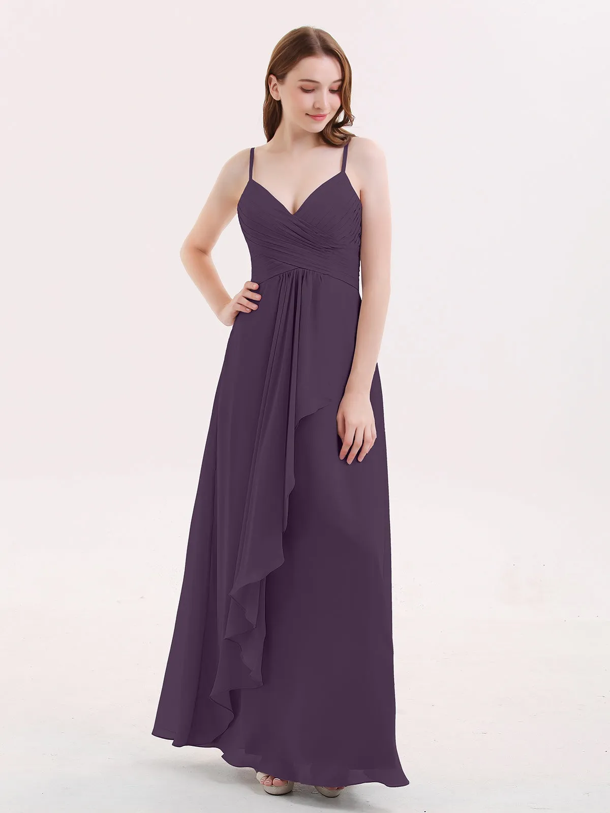 Chiffon Bridesmaid Dresses with Cascade Skirt-Plum