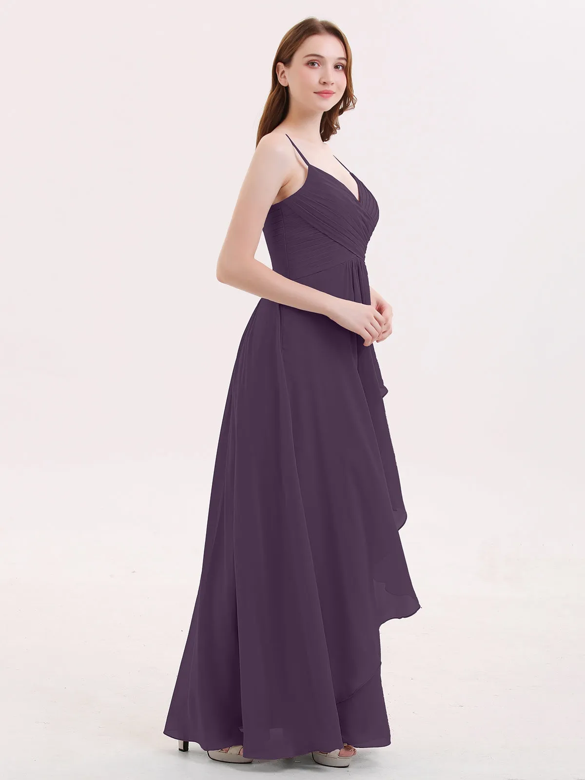 Chiffon Bridesmaid Dresses with Cascade Skirt-Plum