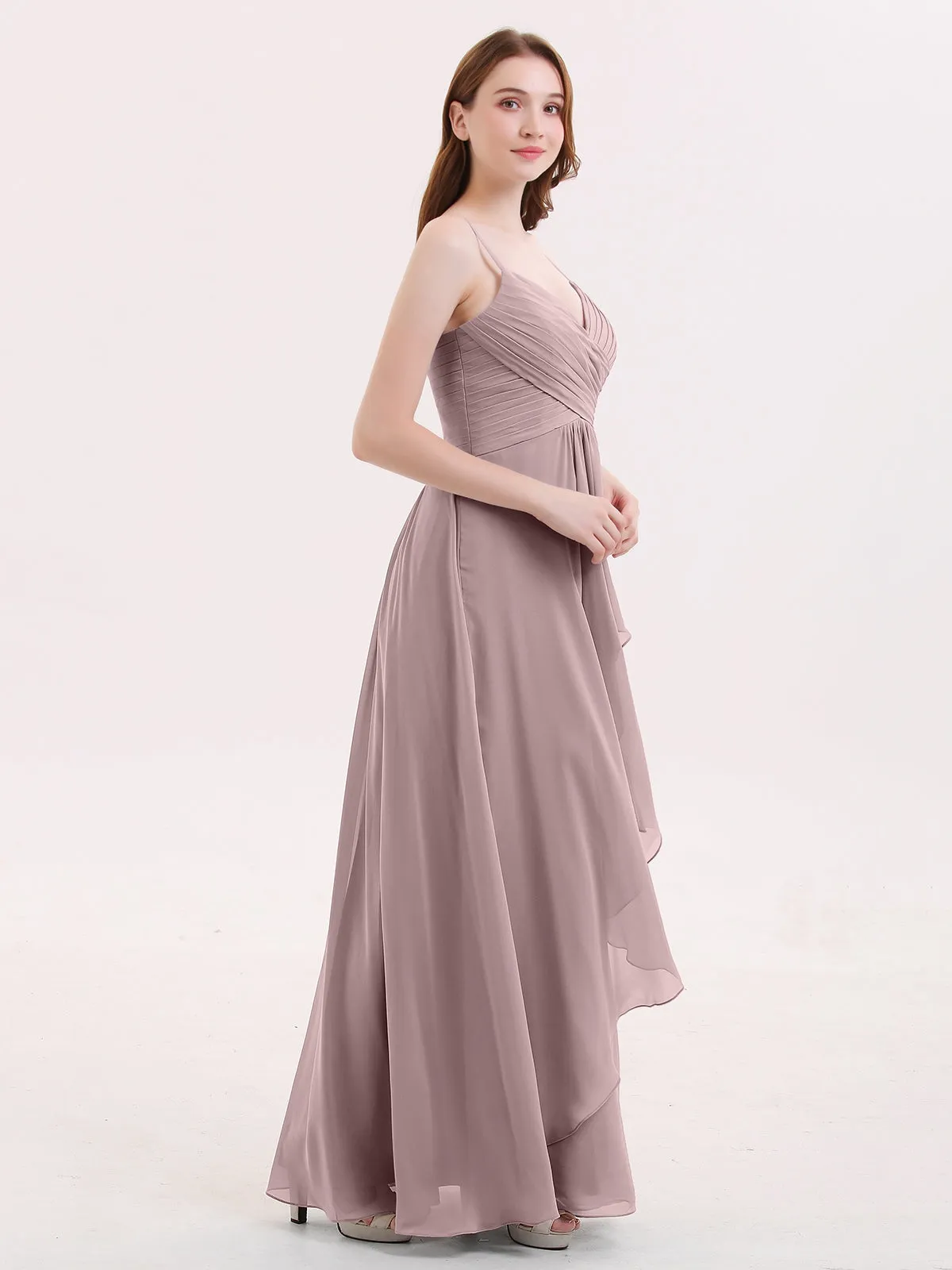 Chiffon Bridesmaid Dresses with Cascade Skirt-Vintage Mauve Plus Size