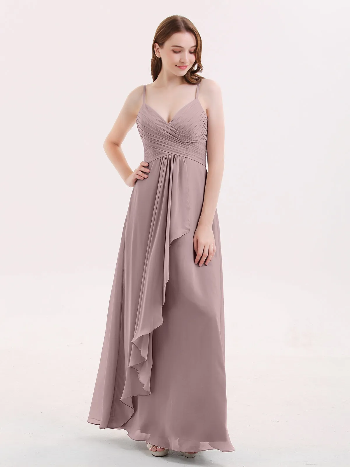 Chiffon Bridesmaid Dresses with Cascade Skirt-Vintage Mauve Plus Size