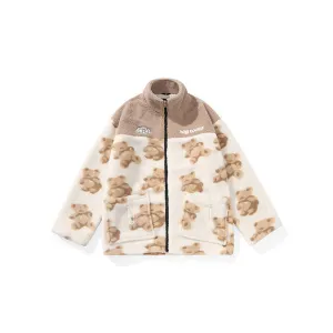 Colour contrast stitching full print embroidered bear stand collar lamb wool jacket with shoulder sleeves