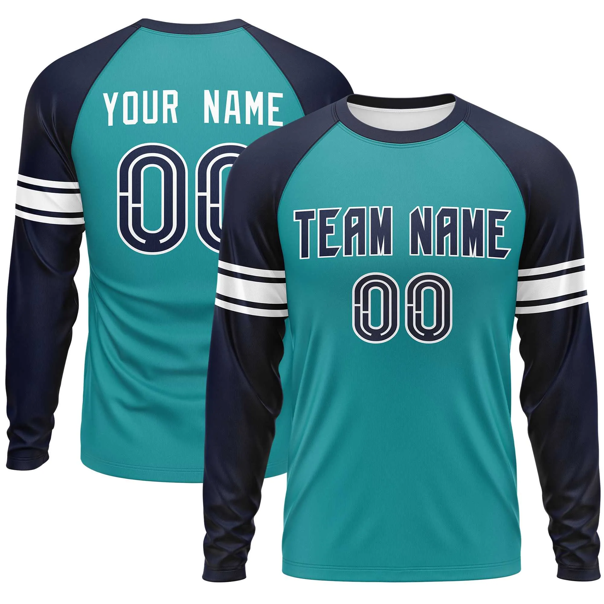 Custom Aqua Navy White Crew Neck Personalized Raglan Long Sleeve Performance T-shirt