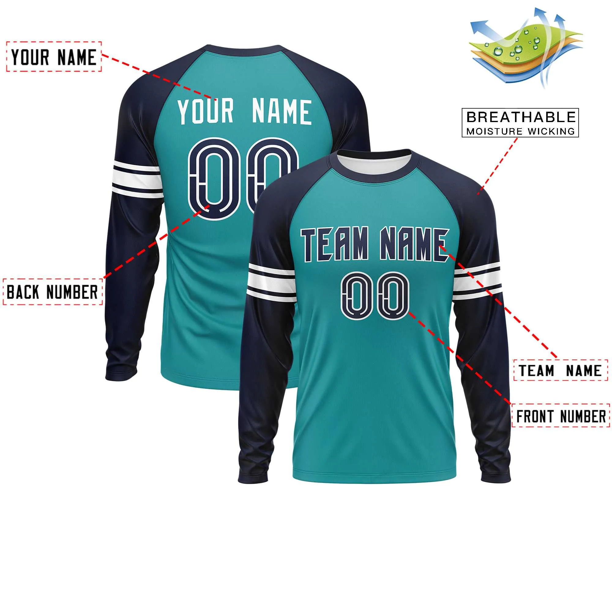 Custom Aqua Navy White Crew Neck Personalized Raglan Long Sleeve Performance T-shirt