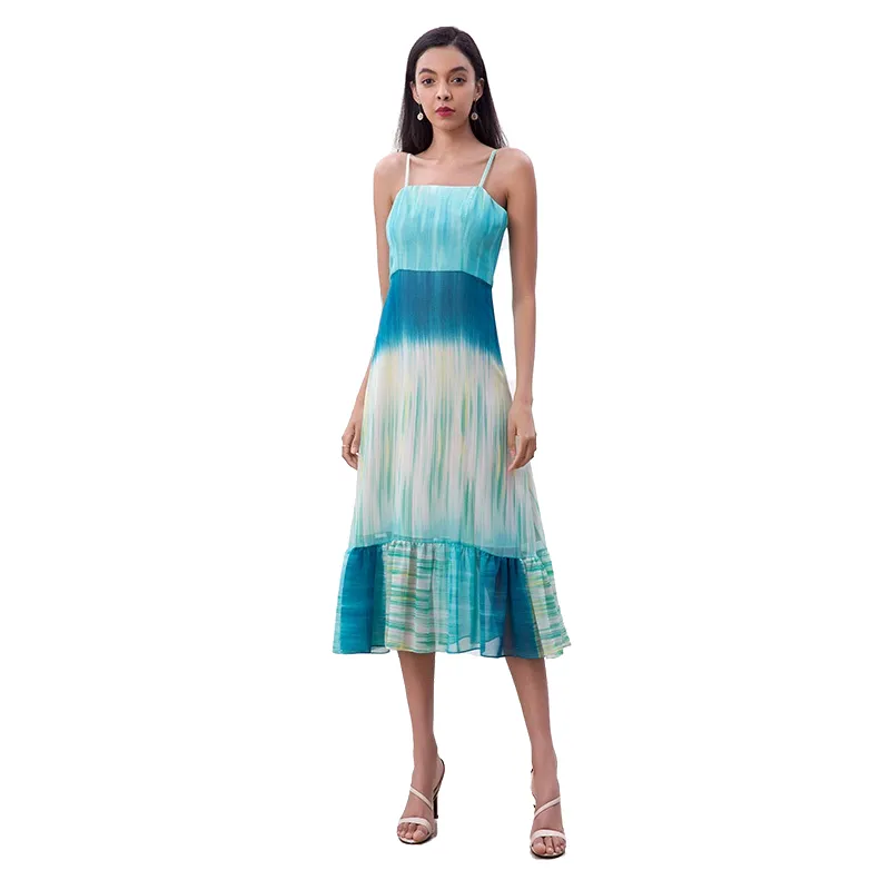 D261 Women Tie-dye print strappy flared tiered ruffle midi dress