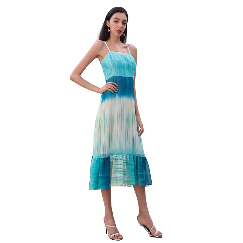 D261 Women Tie-dye print strappy flared tiered ruffle midi dress