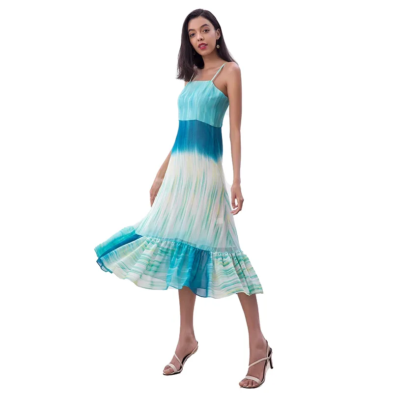 D261 Women Tie-dye print strappy flared tiered ruffle midi dress