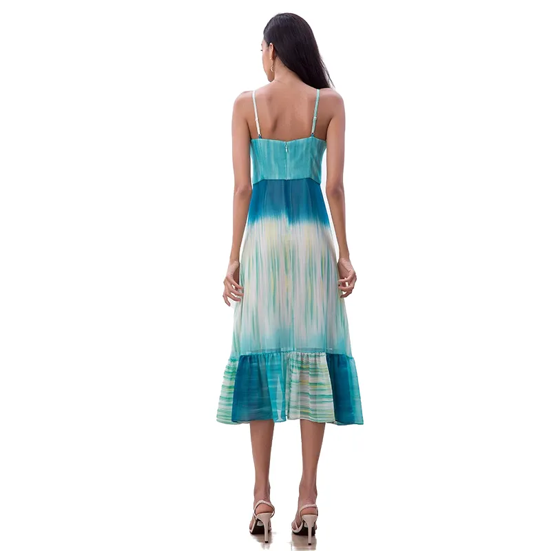 D261 Women Tie-dye print strappy flared tiered ruffle midi dress